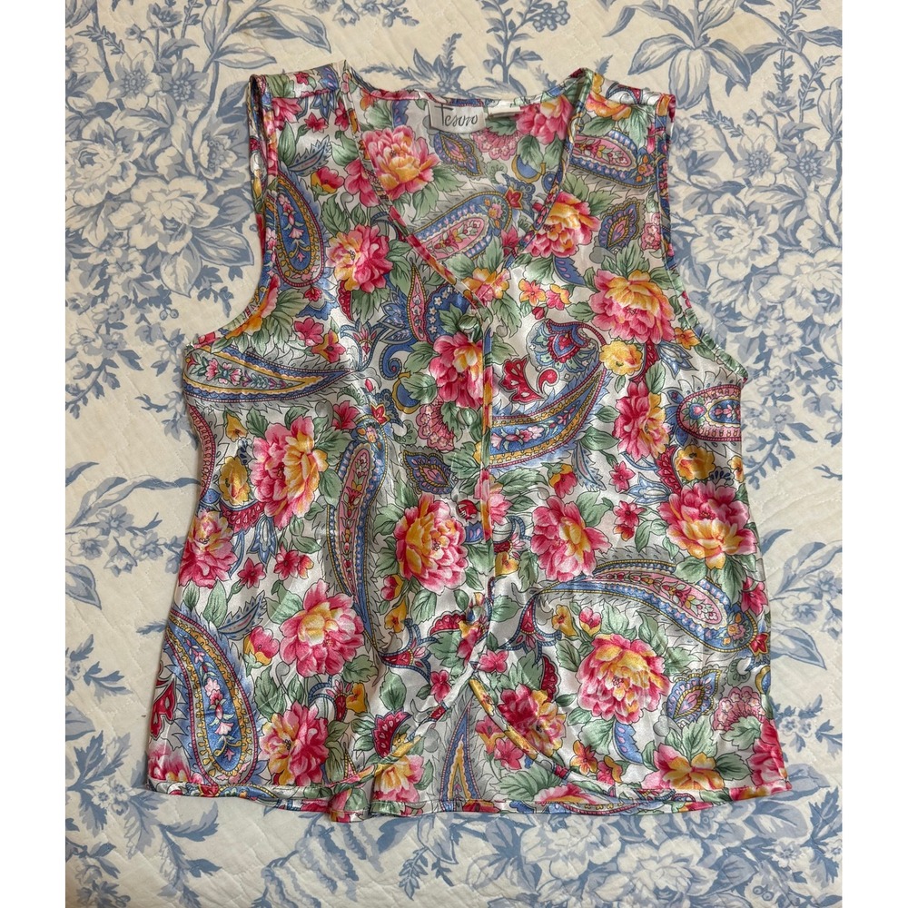Tesoro‎ Womens Floral Paisley Satin Sleeveless Blouse Vest Top Multicolor size M